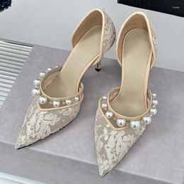 Dress Shoes Thin 830 Pointed Heel Single For Women Classic Elegant Pearl Lace Hi 69772