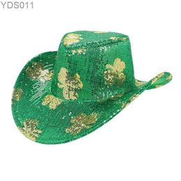 Wide Brim Hats Bucket Green Cowboy Hat Women and Men Irish Festival Saint PatrickS Day party Accessories Headwear Adult Lady Elf Clover Sequin 240319