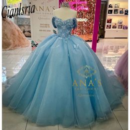 Sky Blue Quinceanera Dress Butterfly Ball Gown Off The Shoulder Corset Pageant Sweet 15 Party Vestidos De XV Anos