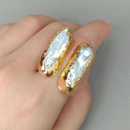 YYGEM White Keshi Biwa Pearl Yellow Gold plated Ring 240305