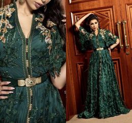 2021 Hunter Dark Green Formal Evening Dresses with Long Sleeve Dubai Arabic Muslim Kaftan Abaya 3D Floral Lace Occasion Prom Gown4767597