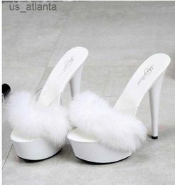 Dress Shoes Dress Shoes Slippers 15cm New European and American Rabbit Hair Super High-heeled Slim-heeled Sexy Black Waterproof Platform Shoes 7PP0 H240321