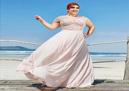 Pale Pink Plus Size Lace Prom Dresses Sheer Plunging Neck Cap Sleeves Evening Gowns A Line Floor Length Chiffon Formal Dress2271729