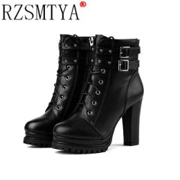 Boots Women Autumn Ankle Boots Sexy Office High Heels Platform Boots Round Toe Leather Booties Black Pumps Ladies Party Shoes New 2021