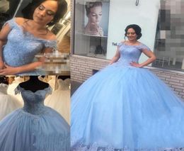 Light Blue Sweet 16 Quinceanera Dresses Ball Gown Lace Off Shoulder Beaded Puffy Tulle Masquerade vestidos 15 anos Birthday Prom D1339252