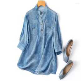 Women's Blouses Women Blouse Mulberry Crepe Silk Classics Blue Jeans Printed V Neck Pullover Top Shirt Office Lady Work M L XL 8308
