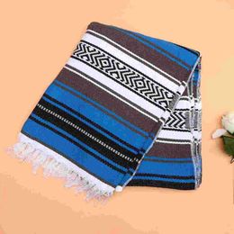 Blankets Mexican Yoga Blanket Hand Woven Mat Beach For Bedroom Sofa Car Camping Picnic 130x180cm Blue