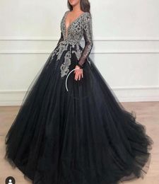 New Arrival Sexy V Neck Black Muslim Prom Dresses 2020 Full Sleeve Hand Beading Sequin Crystal Ball Gown Tulle Evening Gowns Dubai7290579