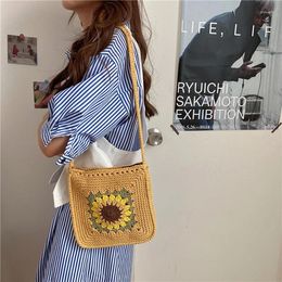 Bag 2024 Flower Knit Women Shoulder Colourful Patchwork Weave Knitting Sunflower Canvas Cotton Handbag Cute Korea Style