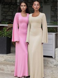 Basic Casual Dresses Dulzura Ribbed Trumpet Sleeves Maxi Dress Back Lace-Up Straps Casual Women Birthday 24319