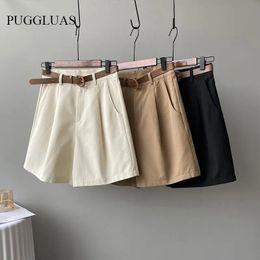 Summer Wide Leg Shorts Women Office High Waist Suit Shorts Beige Oversize Loose Button Solid Classic Casual Shorts With Belt 240319