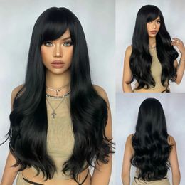 Synthetic Wigs Long Wavy Synthetic Black Wigs with Bangs for Black Women Afro Natural Wave Hair Cosplay Daily Use Wig Heat Resistant Fibre 240329