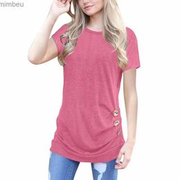 Women's T-Shirt Loose Button Trim T Shirt Women Solid Colour Women Tee Shirt Summer Top Tee Round Neck Tshirt Short Sleeve Tunic Woman T-ShirtC24319