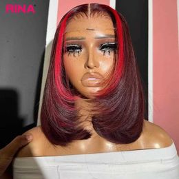 Synthetic Wigs Synthetic Wigs Dark Burgundy With Red Bob Wigs Human Hair Straight Bob Wig 13x4 Lace Front Human Hair Wigs 180% Density Pre Plucked For Women 240327