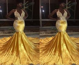 New Gold Mermaid Prom Dresses for Black Girls Sheer Crew Neck Appliques Long Fishtail Evening Gowns Cheap Formal vestidos festa9103402