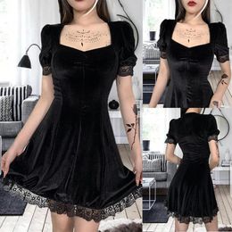 Casual Dresses Gothic Sexy High Waist Dress For Women Summer Suede Square Neck Lace Trim Elegant Black Mini Party Club Clothing