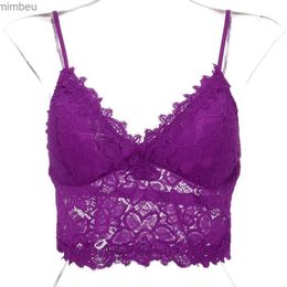 Women's T-Shirt Purple Lace crop top Women 2020 Camisole Vest Crop Wireless Bra Lingerie Sexy V-neck Sleeveless Camisole Mujer #YJC24319