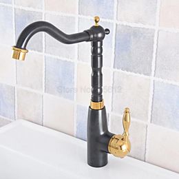 Kitchen Faucets Black & Gold Faucet Bathroom Sink Basin Mixer Tap Brass 360 Swivel Spout Tsf796