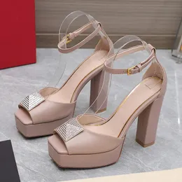 Shiny Eye-Catching High Heel Sandals Summer New Candy Colors Fish Mouth Square Head Female Platform Sandals Crystal Decor Rivet Design Banquet Women's Pumps