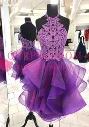 2020 Modest Purple Halter Neck Homecoming Dresses Ruffles Tiered Skirts Appliques Beaded Short Mini Backless Girls Graduation Dres2948034