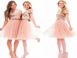 Sparkly Blush Pink Rose Gold Sequins Bridesmaid Dress Short Sleeve Junior Two Pieces Prom Party Dresses Homecoming Dresses3505550