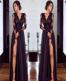 Modest Black Prom Dress New Deep V Neck Side Split Long Sleeve Formal Holidays Wear Graduation Evening Party Gown Custom Made Plus2716941