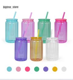 16oz Sublimation Striped Glass Cans with Colourful Lid Coloured Jelly blank Sublimation Glass Cups Drinking Glasses with Reusable Straw DIY Fast ship