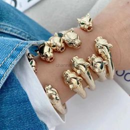 Bangle 3 Piece 2023 Minimalist Cool Punk Men Double Leopard Heads Cuff Bracelet 18K Gold Plated Adjustable Bangle Bracelet 240319