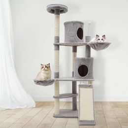 Tree Scratching Post Multi-level Indoor Play Tower with Top Perch Cat Cave Condo 59 Inch Gray + White