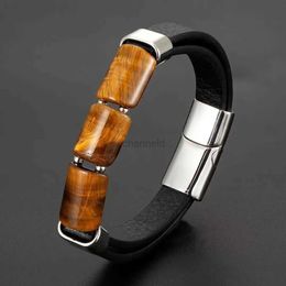 Bangle New Style Retro Happiness Natural Stone Tiger Eye Jewellery Men Stainless Steel Bracelet Classic Leather Cord Bracelet 240319