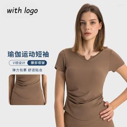 Active Shirts Woman T-shirt Ribbed V-neck With Chest Cushion Yoga Top Fold Slim Waist Running Fitness Sports Short Sleeved For Women