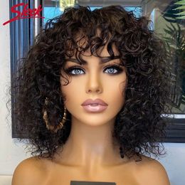 Short Pixie Bob Cut Human Hair Wigs With Bangs Jerry Curly Glueless Wig Highlight Honey Water Wave Blonde Coloured Wigs For Women 240314