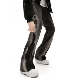 Y2K Streetwear Baggy Flare Men Jeans Pants Split Zipper Straight Vintage Washed Black Hip Hop Denim Trousers Pantalon Homme 240304