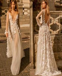 2020 Fall Berta Wedding Dress Sheer Long Sleeve Plunging V Neck Bridal Gowns Sexy Illusion 3D Applique Backless Boho Wedding Dress7967475