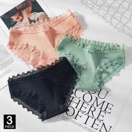 Women's Panties Cotton Panties Woman Sexy Lace Briefs Fashion Solid Color knickers Girls Bow Underpants Set Underwear 3 Pcs/lot 24323