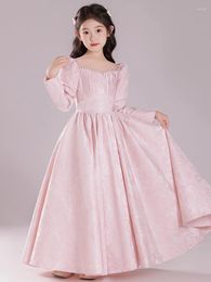 Girl Dresses Square Neck Short Sleeve Puff Satin Drag Princess Dress Birthday Party Fairy Elegant