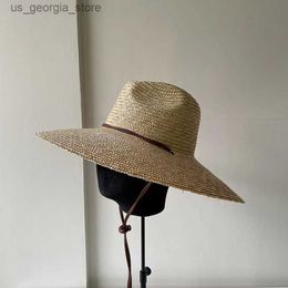 Wide Brim Hats Bucket Hats Natural Handmade Wheat Str Womens Panama Hat Tie Wind Rope Wide Brim Sun Hat Beach Lifeguard Rush Str Summer Hat Surfing Y240319