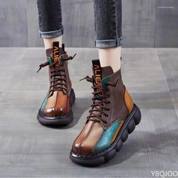 Casual Shoes 2024 Autumn Mixed Colour Women Boot Fashion Round Toe Lace Up Retro Handmade Platform Ankle Boots Ladies Short