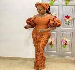 Arabic Aso Ebi Off Shoulder Mermaid Prom Dresses 2021 Orange Lace Long Sleeves Plus Size Formal Party Second Reception Evening dre8805409
