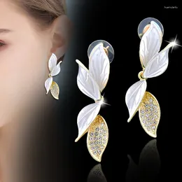 Dangle Earrings KIOOZOL Elegant White Enamel Leaf Earring Women Fashion Party Wedding Crystal 2024 Accessories KO2