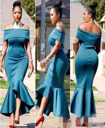 Teal Blue Plus Size Bridesmaid Dresses Satin Mermaid Tea Length Elegant Off the Shoulder Maid of Honor Gown Wedding Party Formal W5697420