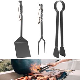 3pcs BBQ Accessories Set Grill Spatula, Meat Fork, Grilling Tongs, Blacksmith Cooking Barbecue Tools Gift - Heavy Duty Hand Forged Handmade Craftsmanship Metal