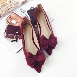 Flats 2022 Autumn New Bow Pointed Toe Flat Shoes Women Wedding Shoes Flock Leather Big Bowknot Solid Colour Plus Small Size 33 34 43 44