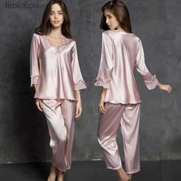 Women's Sleepwear Ice Silk Nightdress Woman Two-piece Lace V-neck Sex Appeal Spring and Summer Long Sleeve Artificial Silk Pyjamas for WomenC24319