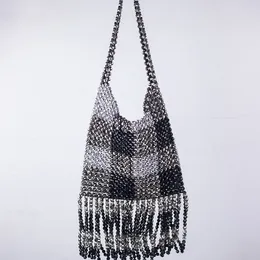 Totes Fashion Color Contrast Electroplated Beaded Shoulder Bag For Women 2024 Bling Hand Woven Tassel Acrylic Evening