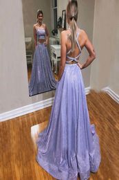 2 Piece Glitter Prom Dresses Purple Sleeveless Spaghetti Strap Cross Strap Back Long Formal Evening Party Gowns Robe De Soiree4746490