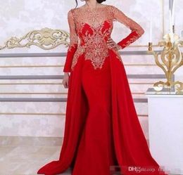 Arabic Red Long Sleeve Mermaid Evening Dresses With Detachable Skirt Lace Beading Kaftan Formal Dress Evening Wear Party Gowns Rob1248292