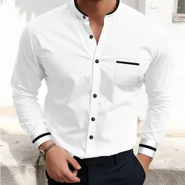 Men's Dress Shirts Formal Button Up Shirt White Long Sleeve Colour Block Stand Collar Spring Office Career Wedding Party Outfit Pocket