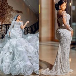 South Africa Mermaid Wedding Dress Cascading Ruffles Lace Appliques Beaded Plus Size Bridal Gowns Sweep Train Illusion Long Sleeves Robe De Mariage