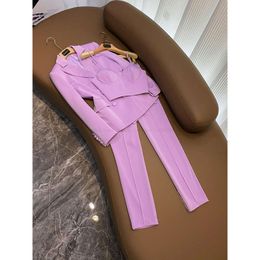 2024 Autumn White / Black Purple Two Piece Pants Sets Long Sleeve Notched-Lapel Double-Breasted Blazer Blazers Top & Camisole Trousers Suits Set Three Pieces SuitsD3L01